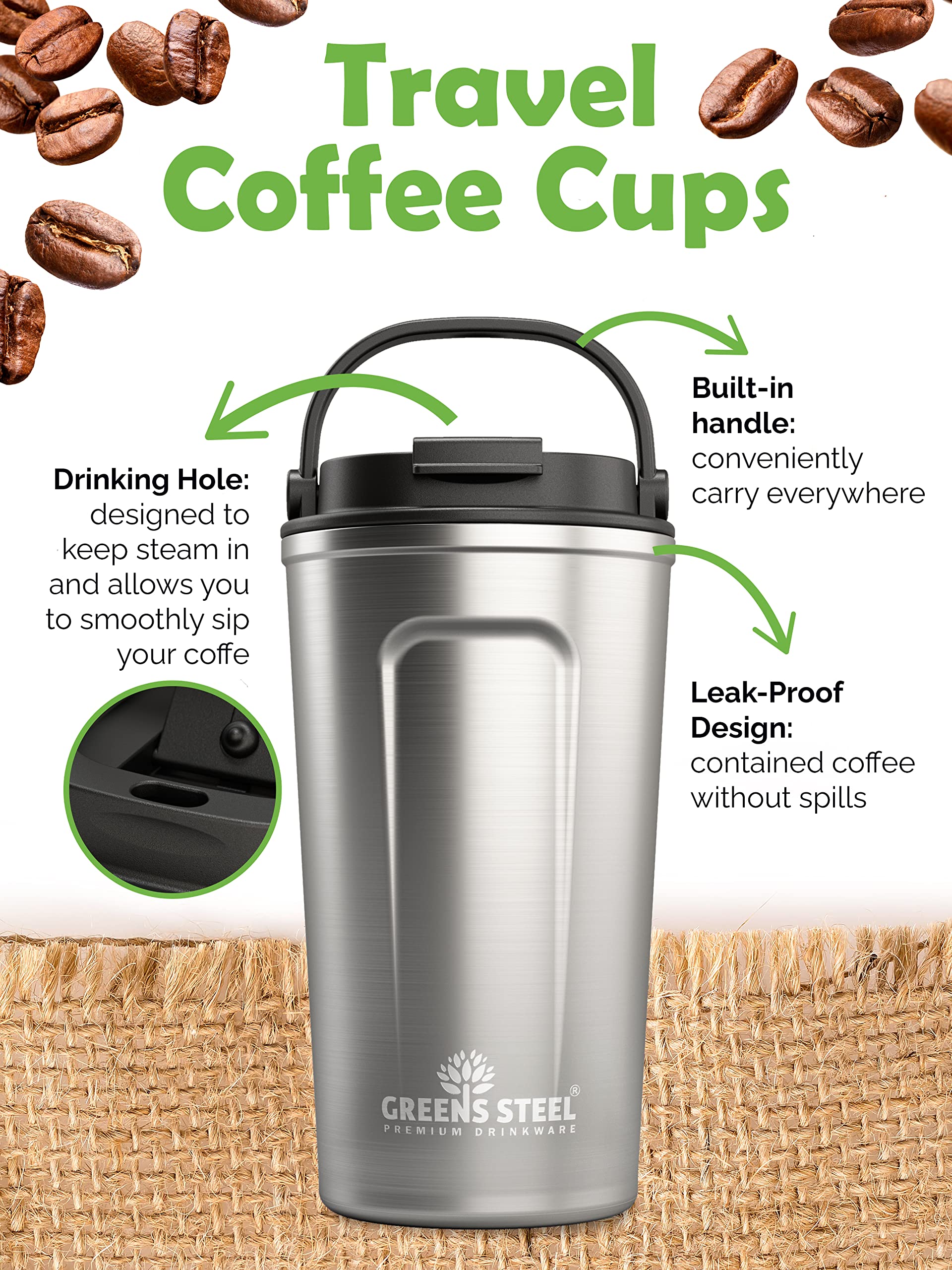 Greens Steel double-wall coffee cup keeps exterior comfortable while preserving flavor.