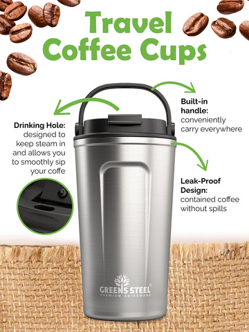 Greens Steel double-wall coffee cup keeps exterior comfortable while preserving flavor.
