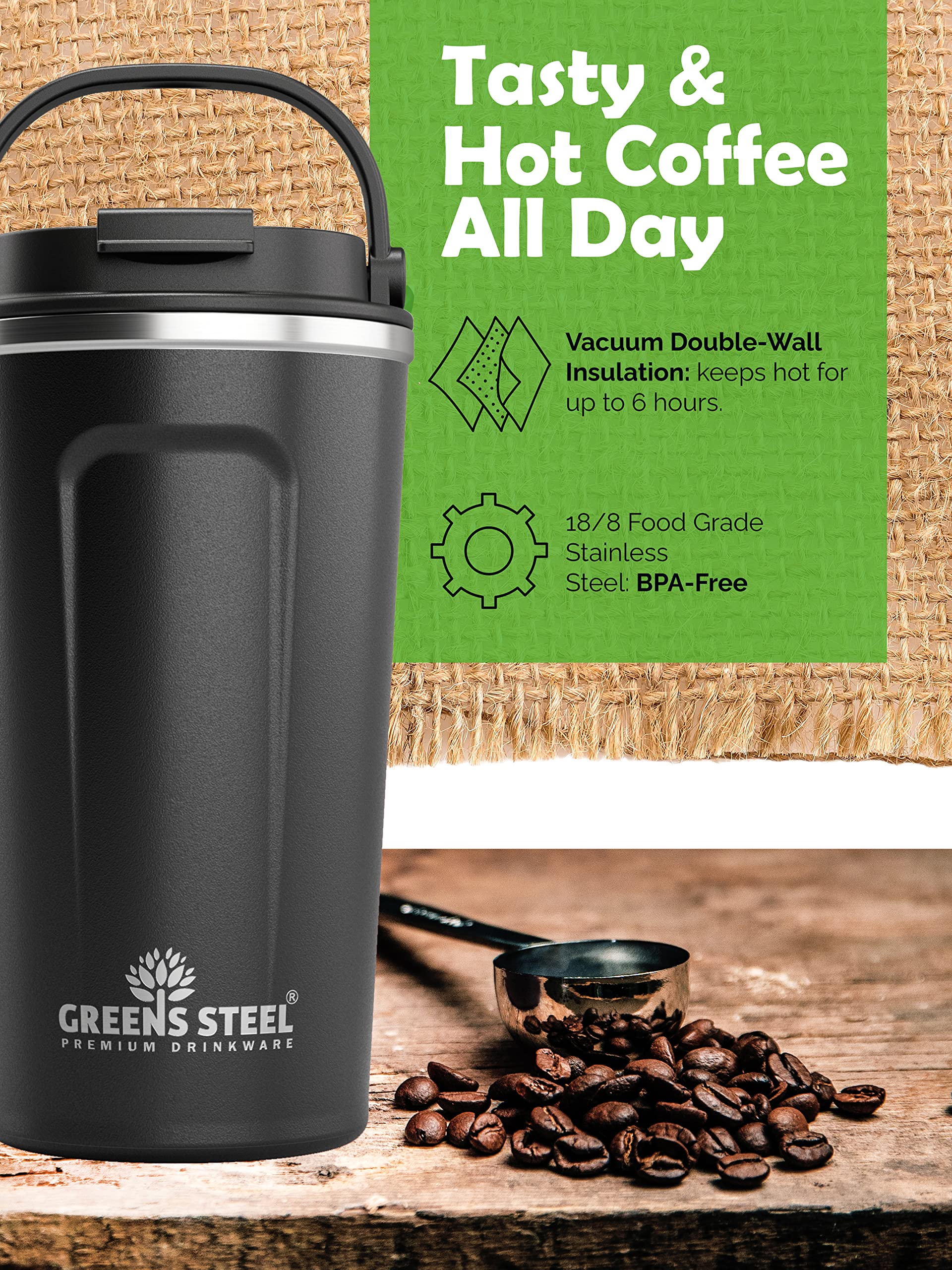 Greens Steel insulated mug keeps beverages hot or cold, 16 oz capacity.