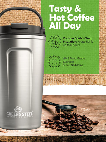 Greens Steel insulated coffee mug prioritizes temperature retention for hot or cold beverages.