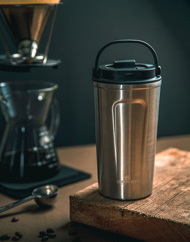 Greens Steel leak-proof travel mug ensures spill-free on the move.