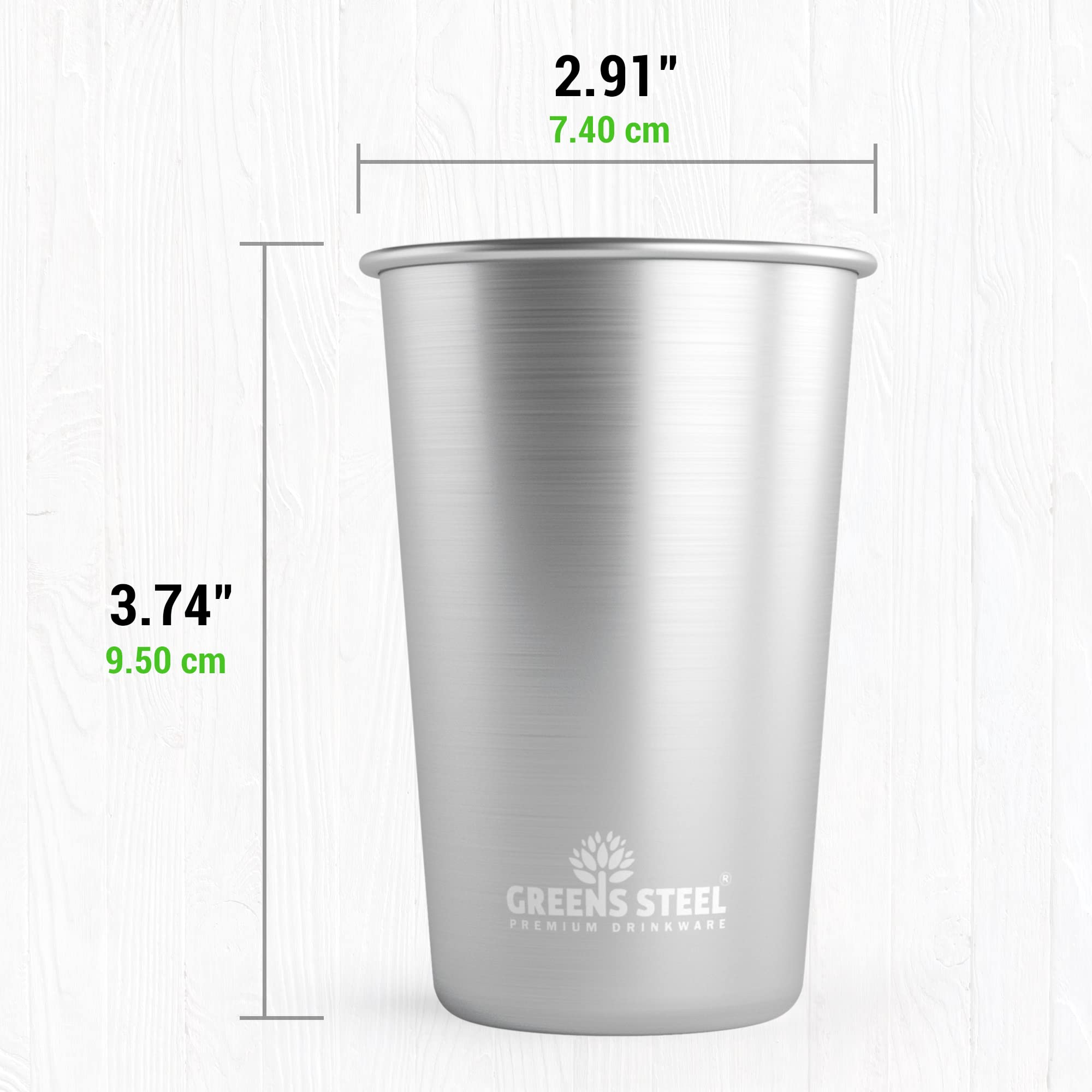 Greens Steel BPA-free, coating-free cups emphasize safe, recyclable materials.