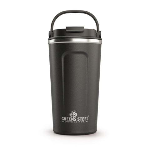 Greens Steel reusable cup with lid and handle, ideal for on-the-go hot drinks.