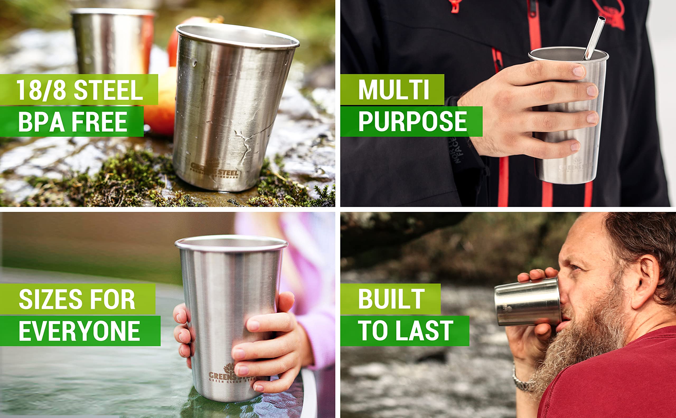 Greens Steel stackable cups neatly nest for space-saving storage.