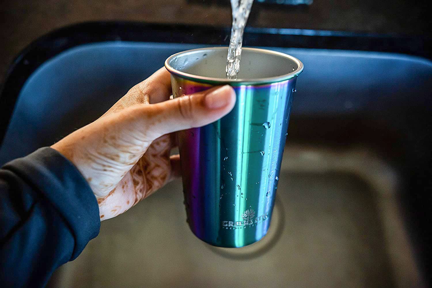 Greens Steel rainbow cups stacked neatly highlighting space-saving design