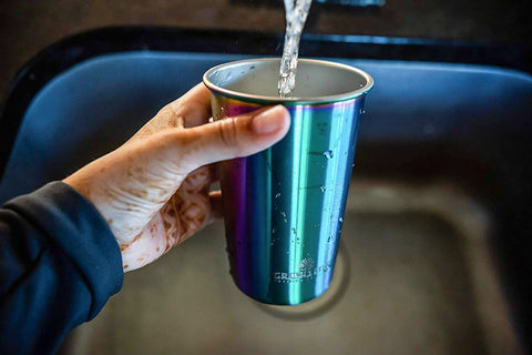 Greens Steel rainbow cups stacked neatly highlighting space-saving design