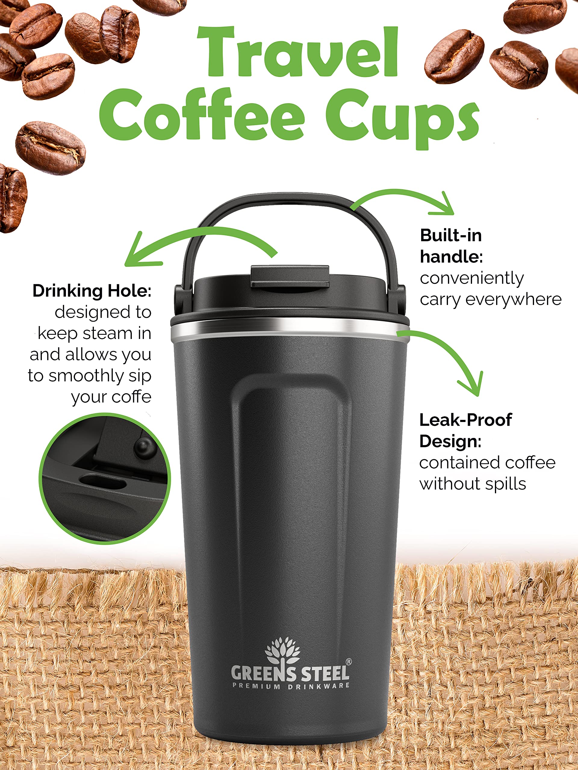 Greens Steel travel cup with lid and handle, spill-free transport.