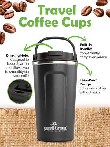 Greens Steel travel cup with lid and handle, spill-free transport.