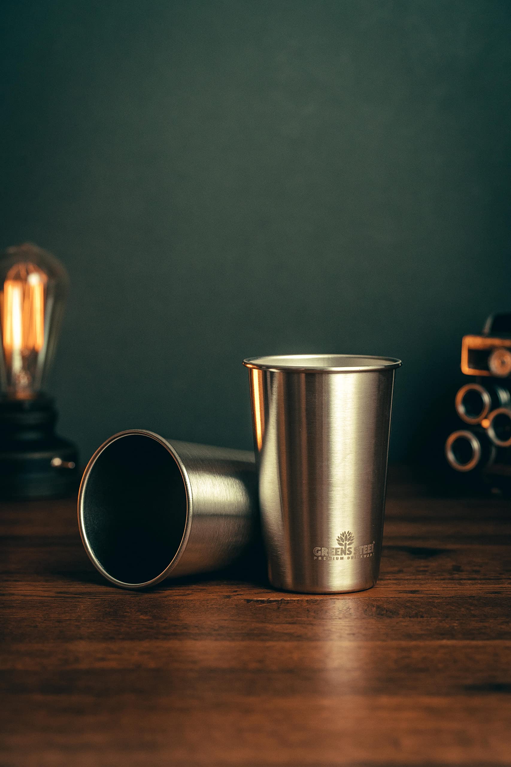 Greens Steel cups shown with water, juice, or smoothies for everyday use.