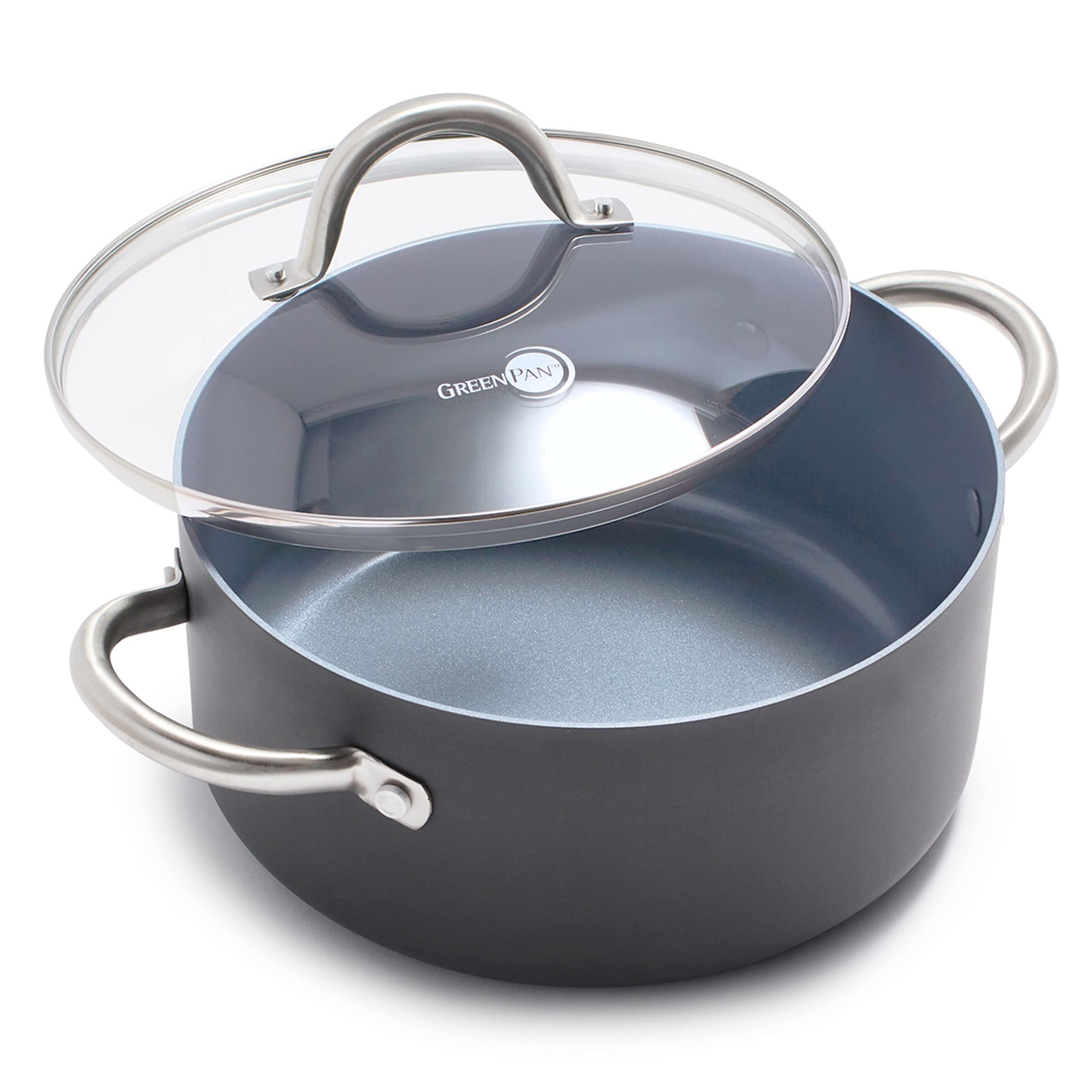 GreenPan Lima 5.2QT stock pot top view highlights size and finish.