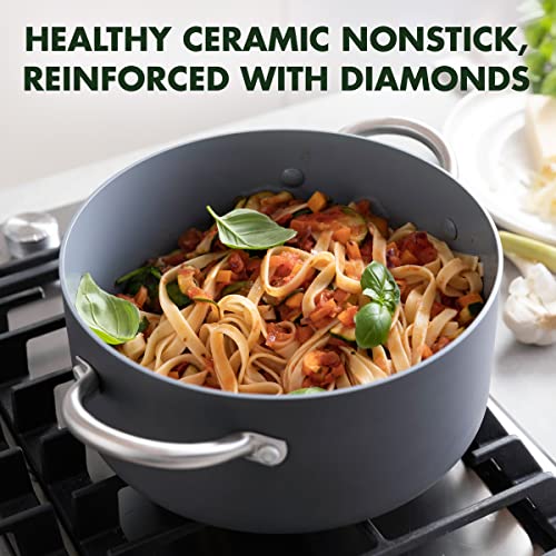 GreenPan Lima 5.2QT stock pot with glass lid for easy monitoring.