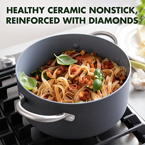 GreenPan Lima 5.2QT stock pot with glass lid for easy monitoring.