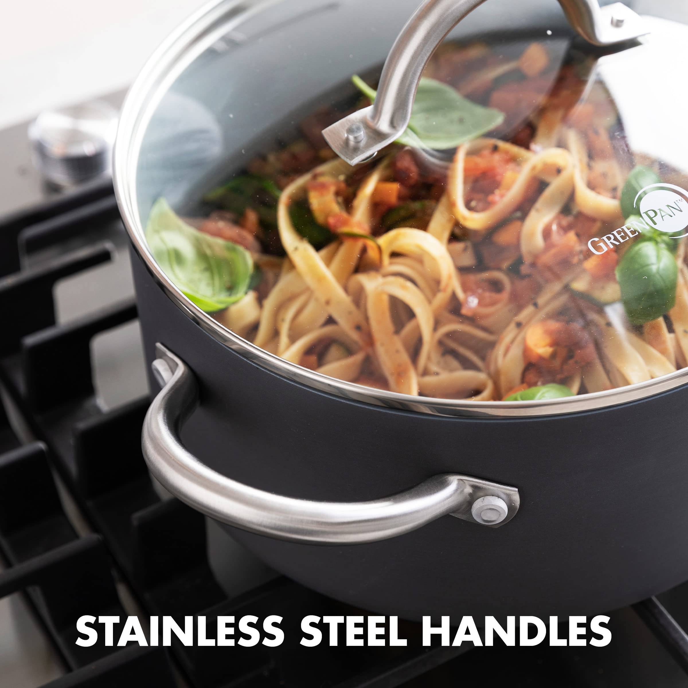 GreenPan Lima stainless steel handle provides a comfortable grip.