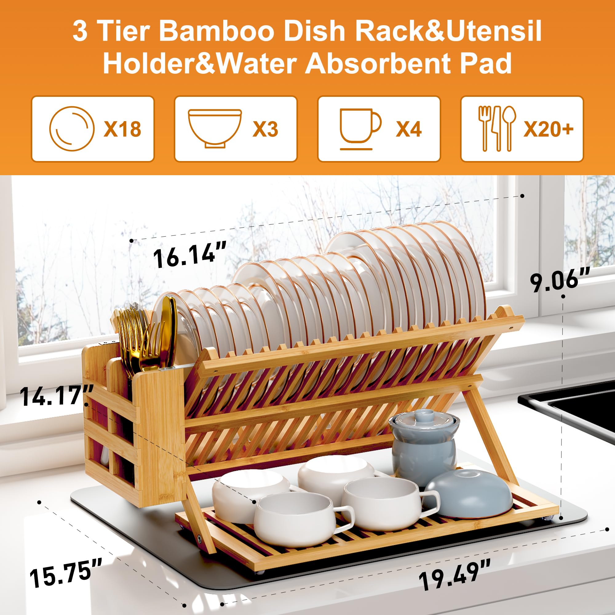 Greenual foldable 3-tier bamboo rack in compact storage mode saves counter space.