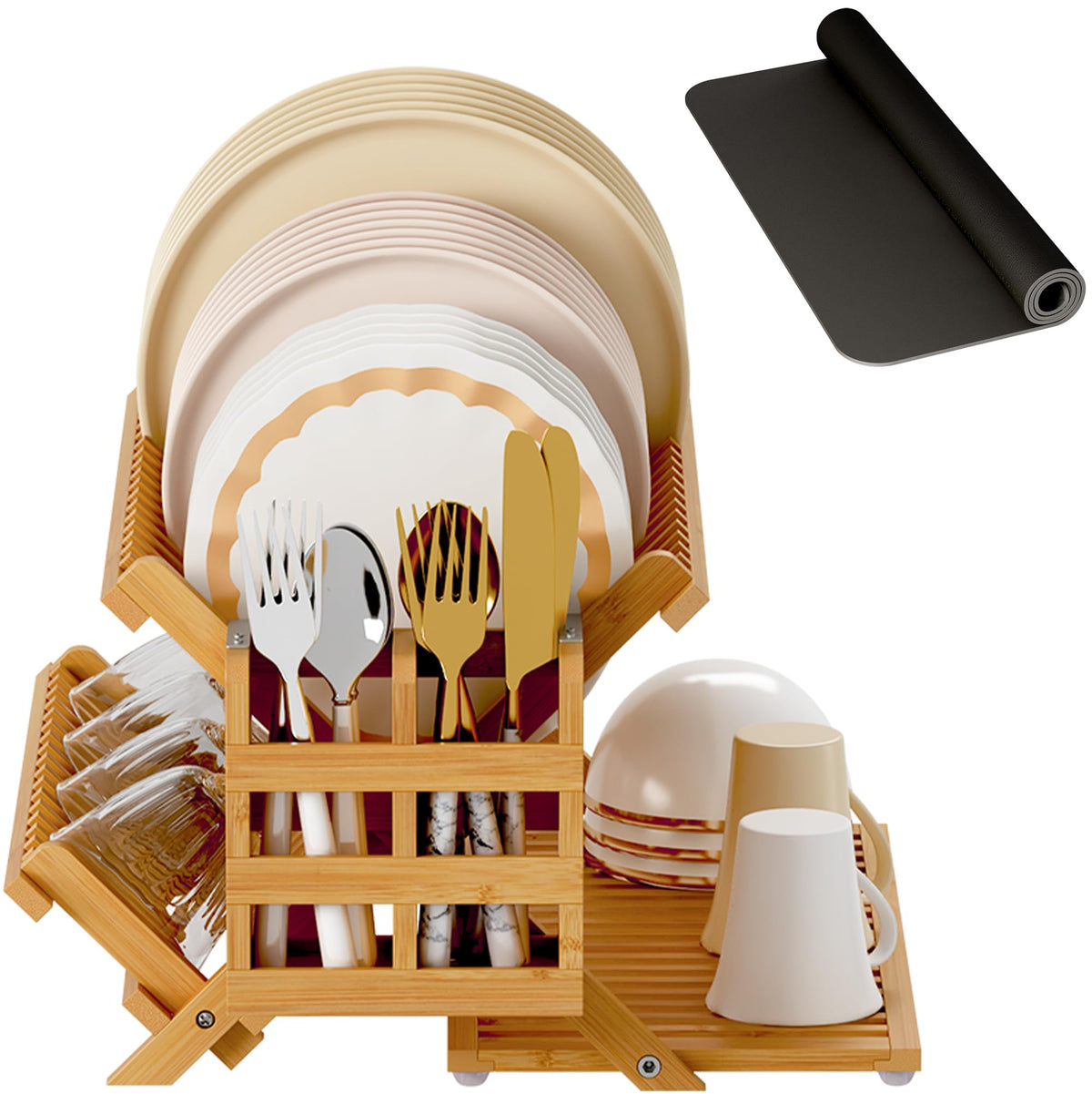 Greenual bamboo dish drying rack with utensil holder on kitchen counter for organized drying.