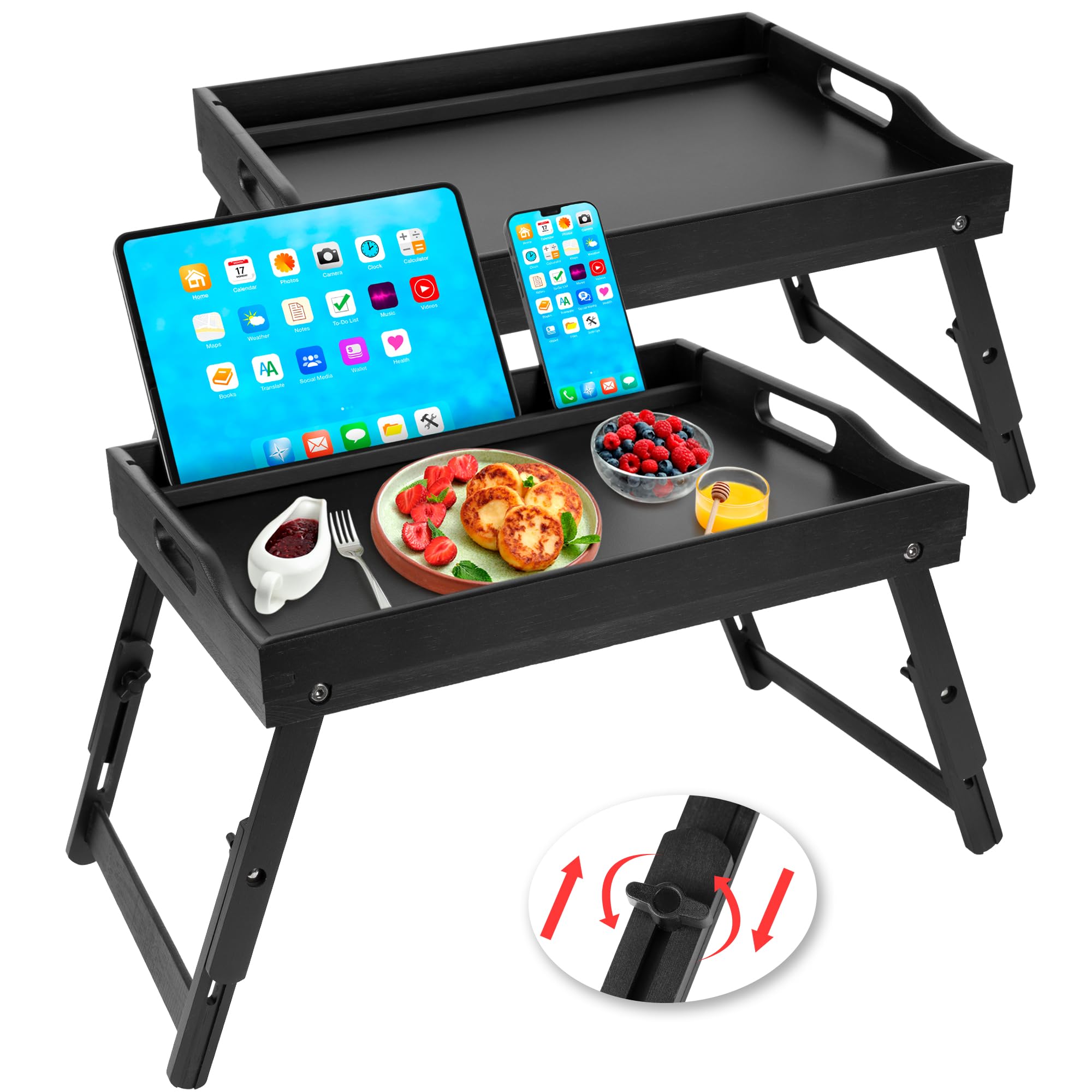 Greenual bed tray with media slot and folding legs for hands-free tablet viewing.
