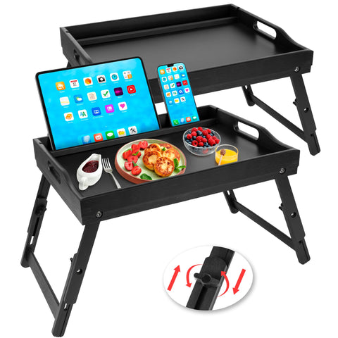 Greenual bed tray with media slot and folding legs for hands-free tablet viewing.
