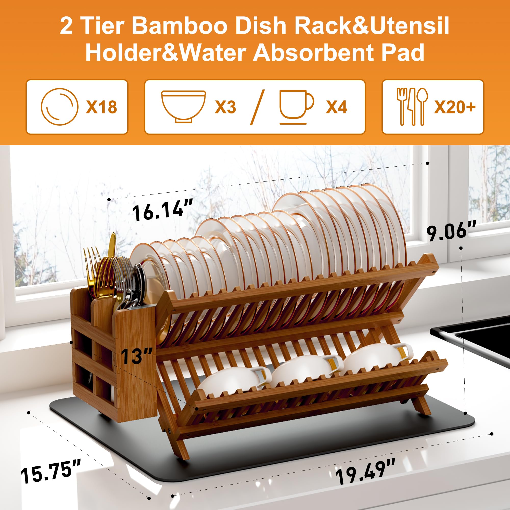 Greenual Teak Dish Drying Rack foldable two-tier configuration for compact storage.