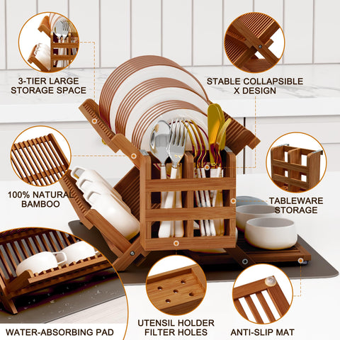 Greenual dish drying rack on counter with plates and cups arranged for use