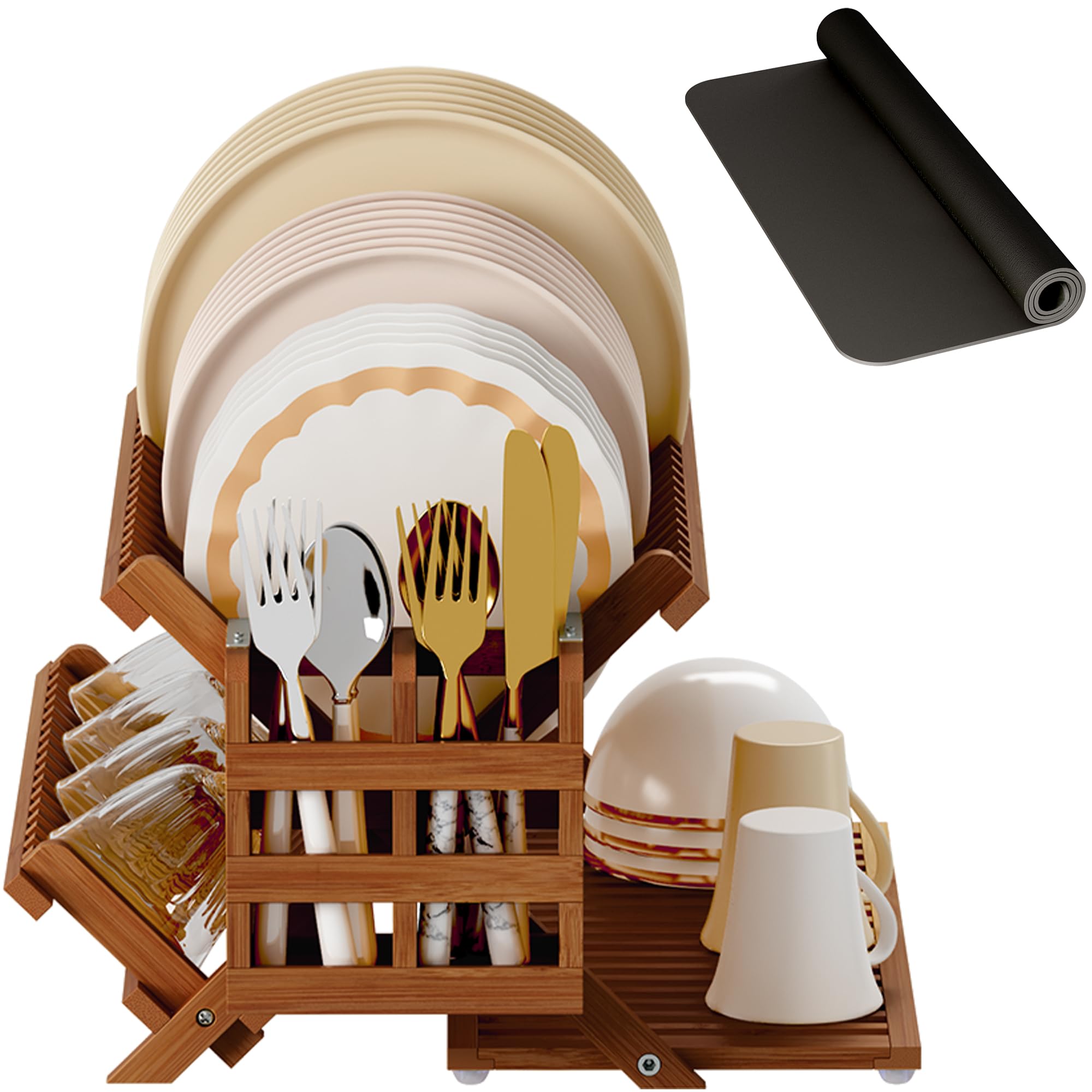 Greenual teak dish drying rack with utensil holder on counter, 3-tier collapsible design saves counter space