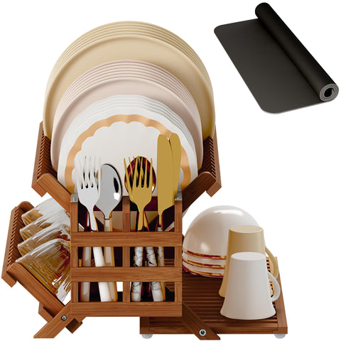 Greenual teak dish drying rack with utensil holder on counter, 3-tier collapsible design saves counter space