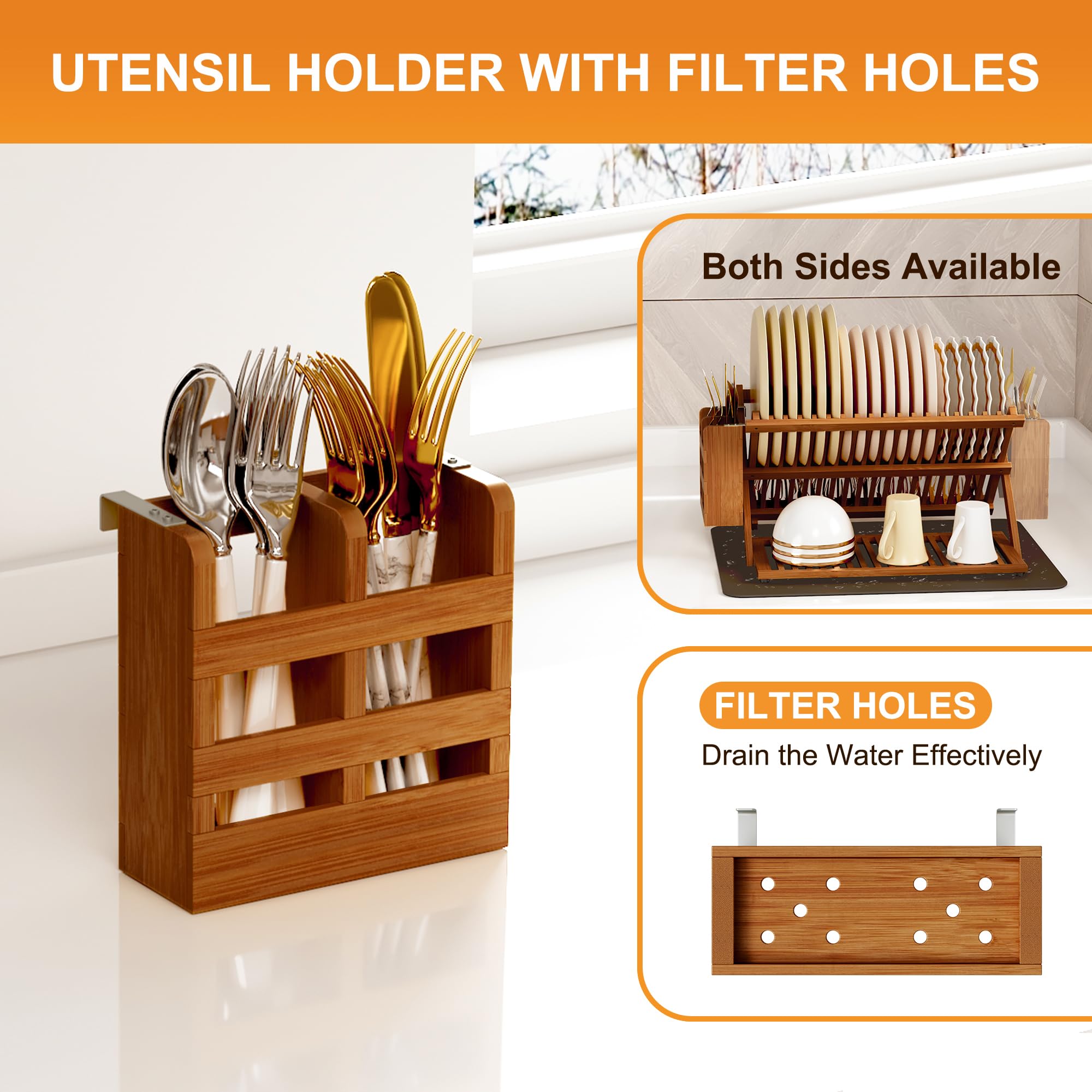 Closeup of Greenual rack showing wooden grain and utensil holder