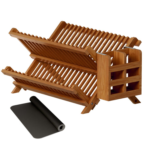 Greenual Teak Dish Drying Rack with Utensil Holder on kitchen counter keeps items organized.