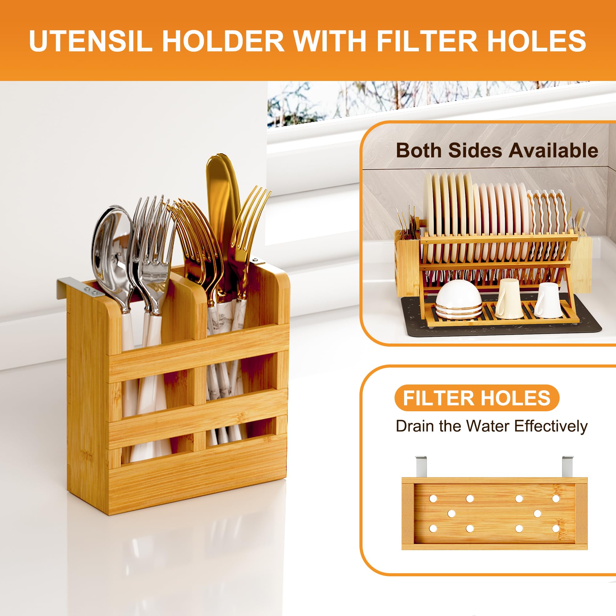 Greenual wooden dish rack filled with plates, cups, and cutlery for efficient drying.