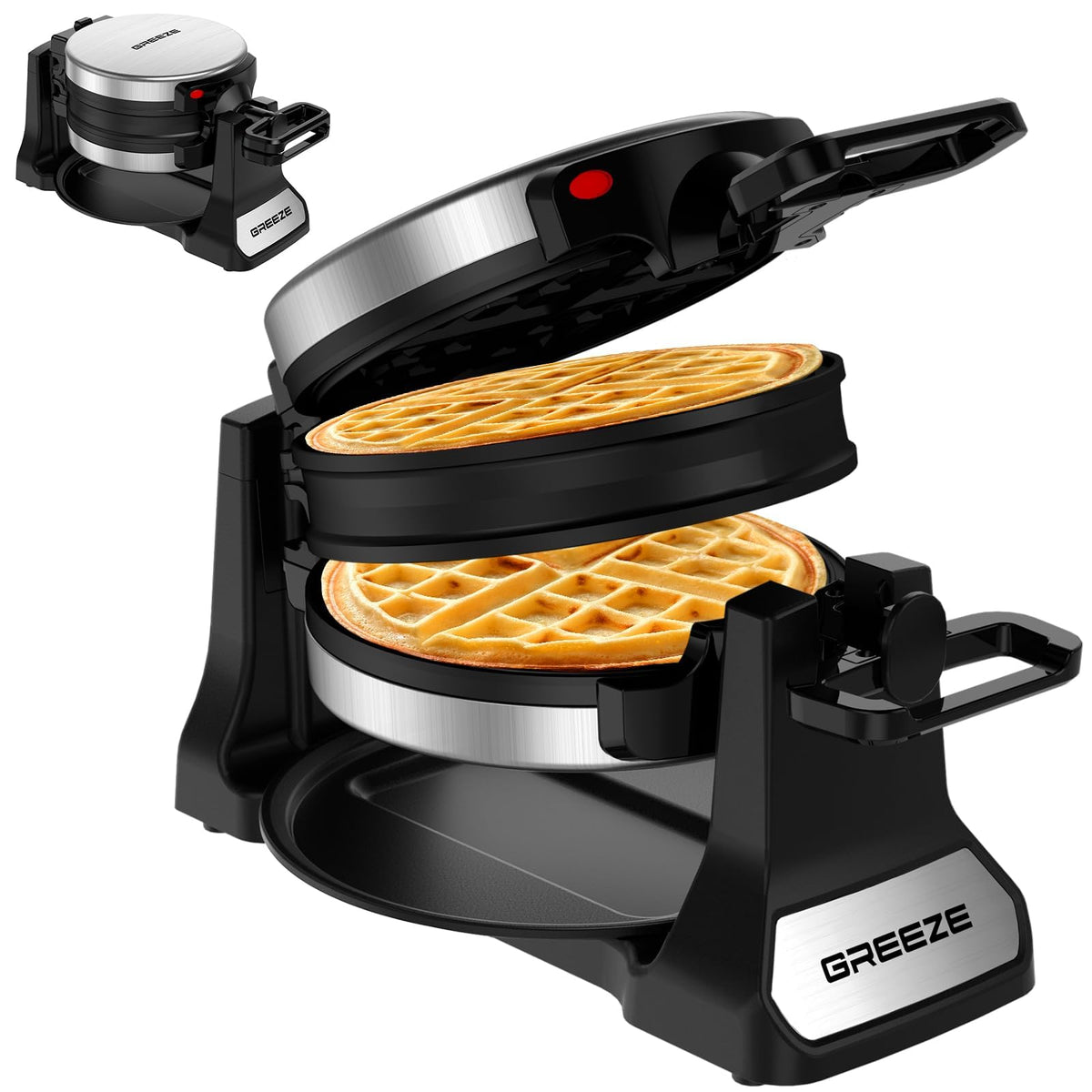 Greeze double-belgian-waffle-maker 180flip: even batter spread for fluffy interiors and golden exteriors.
