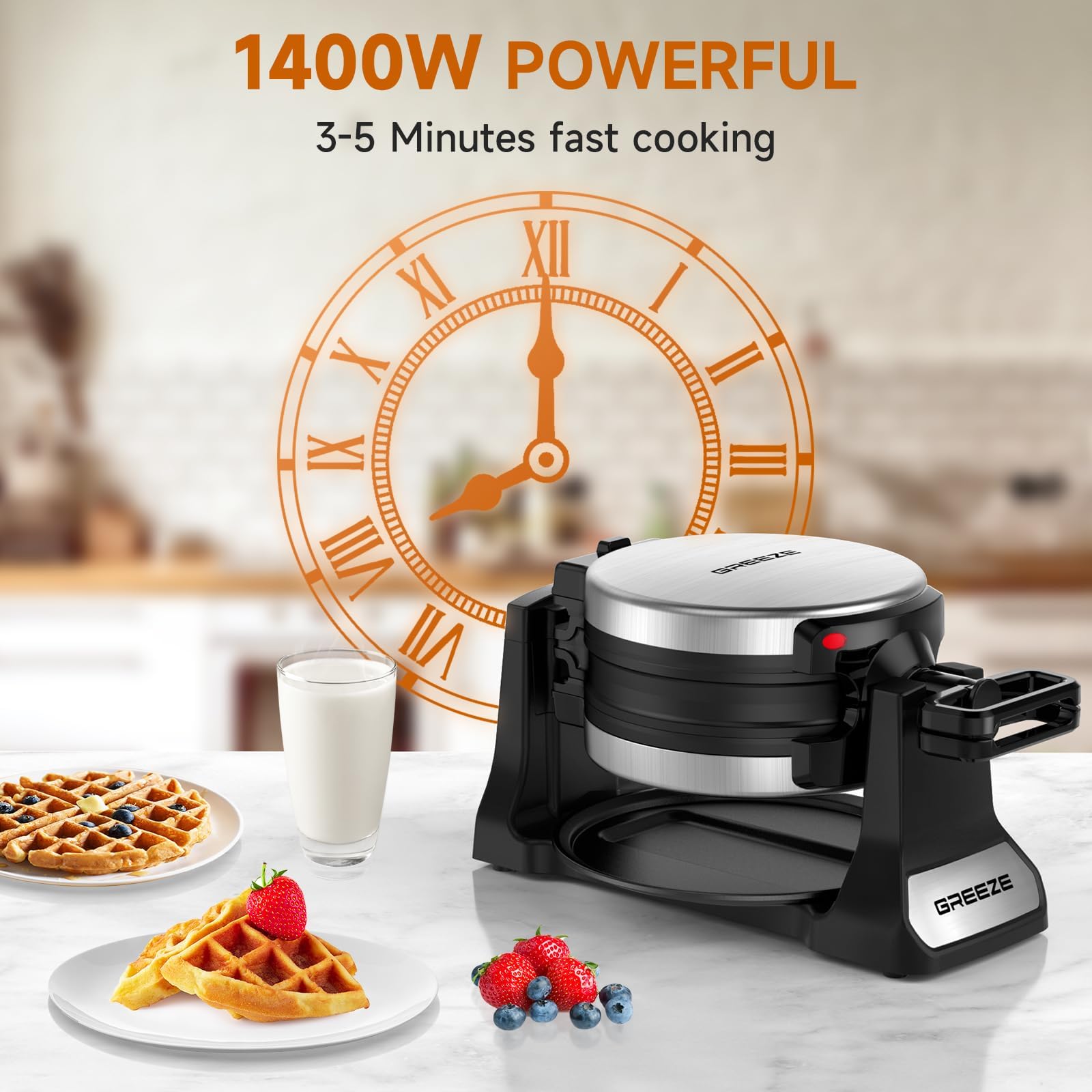 Greeze waffle-iron-8-slices: bake two large waffles at once, perfect for family breakfasts.