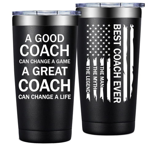 Grifarny Best Coach Ever 20oz tumbler showing bold design and heat retention benefits