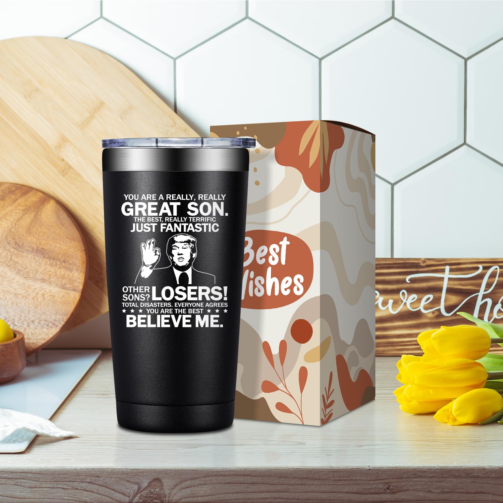 Grifarny You Are a Really Really Great Son tumbler being poured during on-the-go moment.