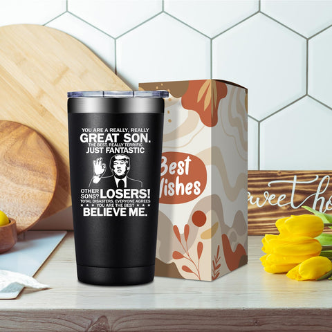 Grifarny You Are a Really Really Great Son tumbler being poured during on-the-go moment.