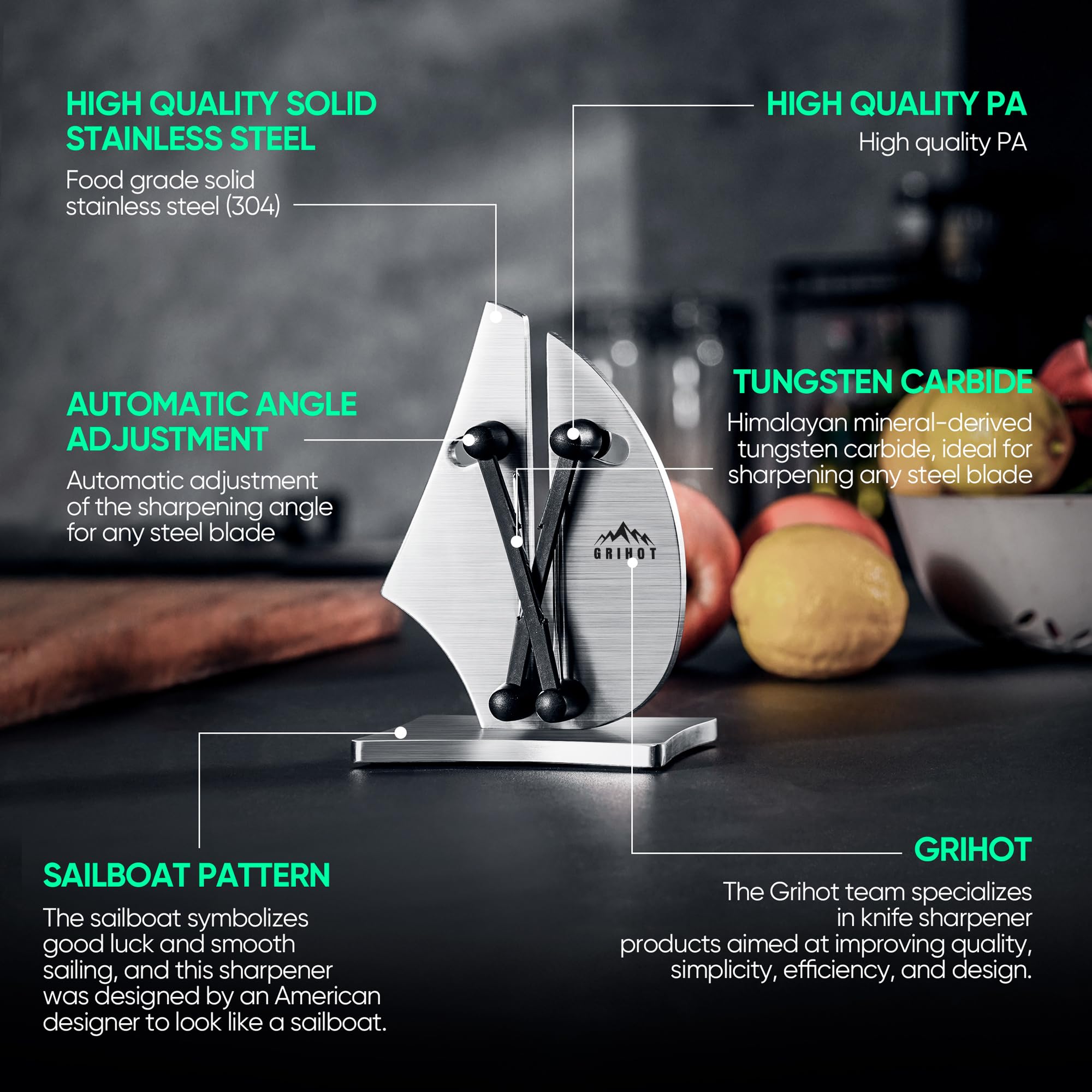 Grihot VN3 3-action design enables versatile sharpening for different blades.