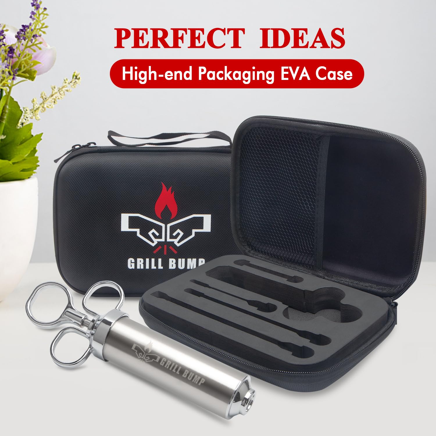 GRILL BUMP three-needle injection set for smooth brine flow.