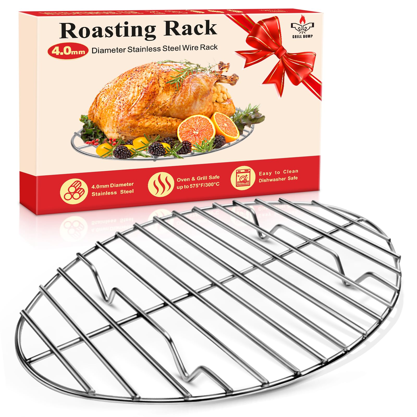 GRILL BUMP oval roasting rack in stainless steel for even browning and crisp edges.