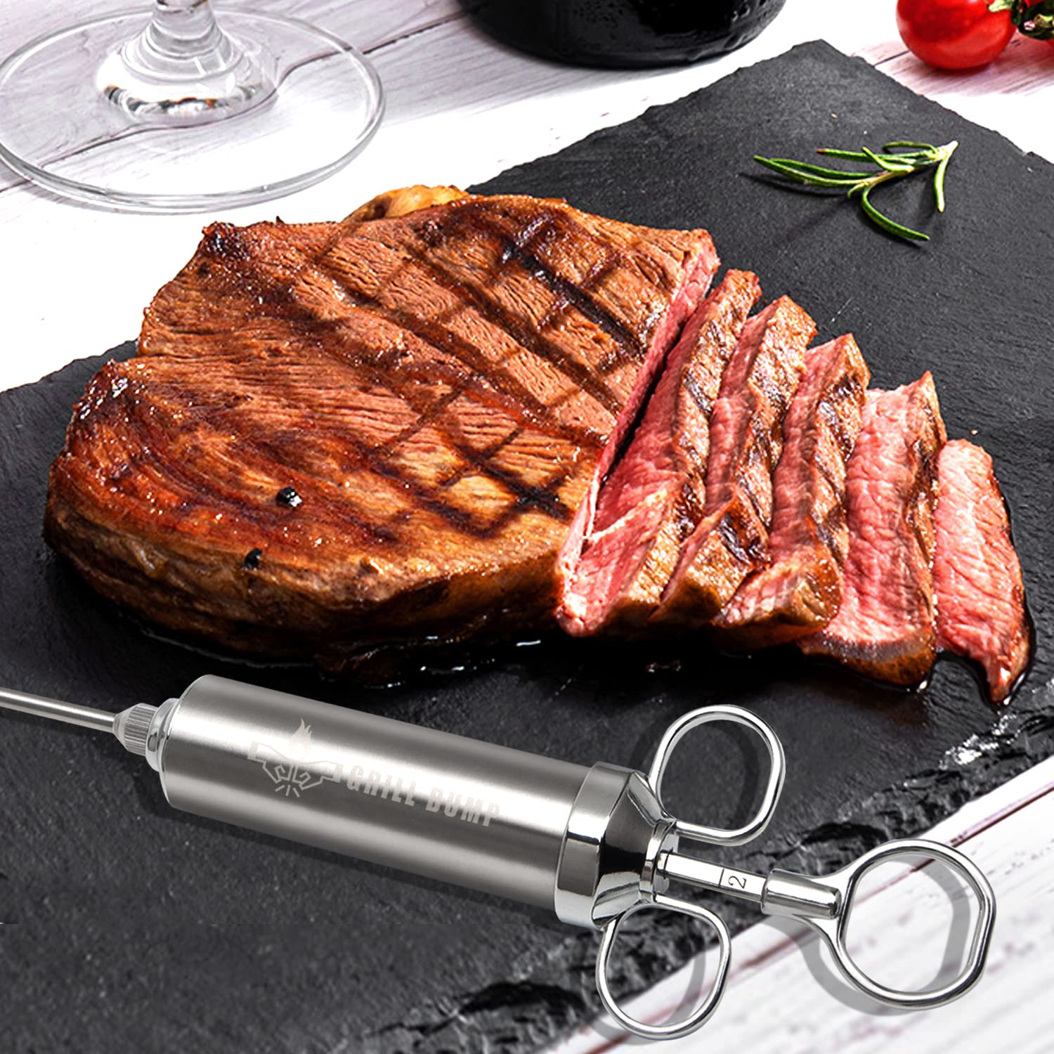 GRILL BUMP over-sized pressure surface reduces hand fatigue during injections.