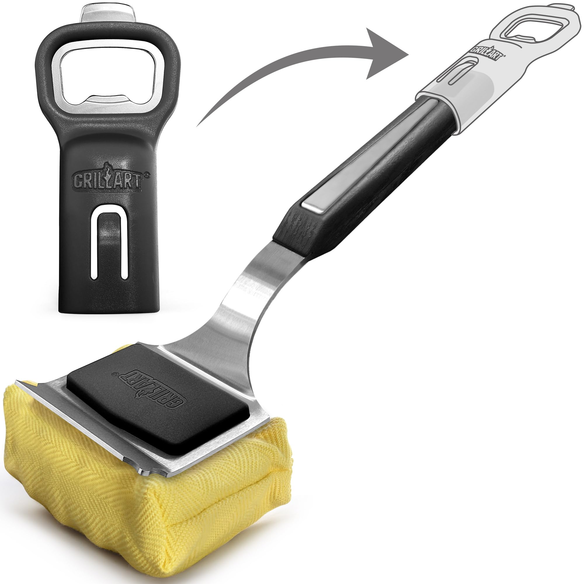 GRILLART 2-in-1 tool combines bottle and can opening versatility.