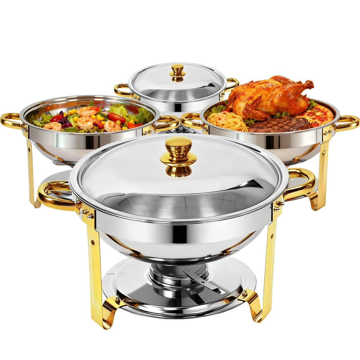 Grillaxy 4-pack 6QT gold chafing dishes for elegant buffet presentation.