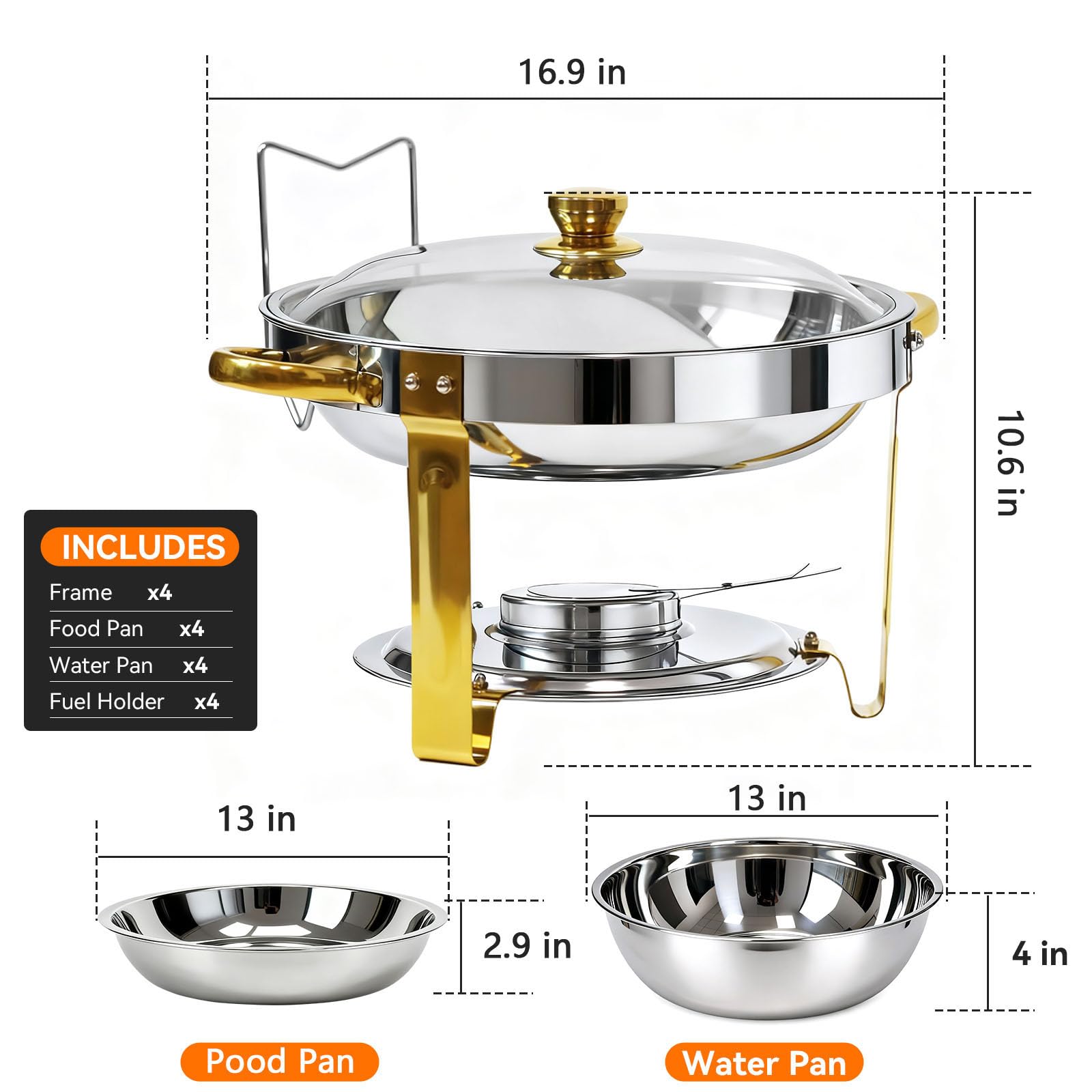 Grillaxy 4-pack 6QT silver chafing dishes keep foods warm during events.