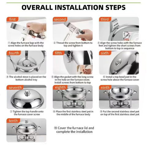 Grillaxy chafing dish with rolled-edge safety protects fingers during setup.