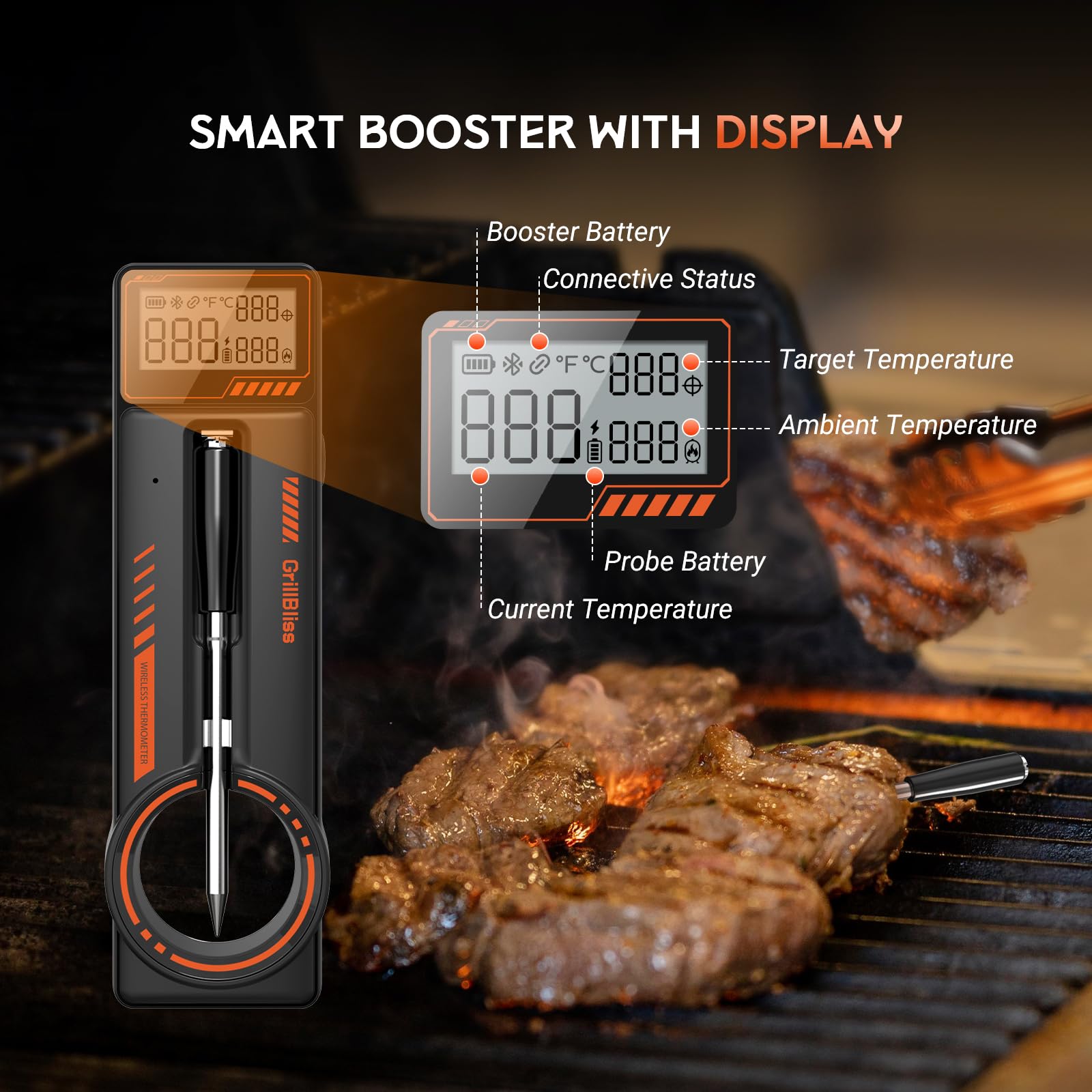 GrillBliss LCD close-up showing easy temperature readouts from any angle