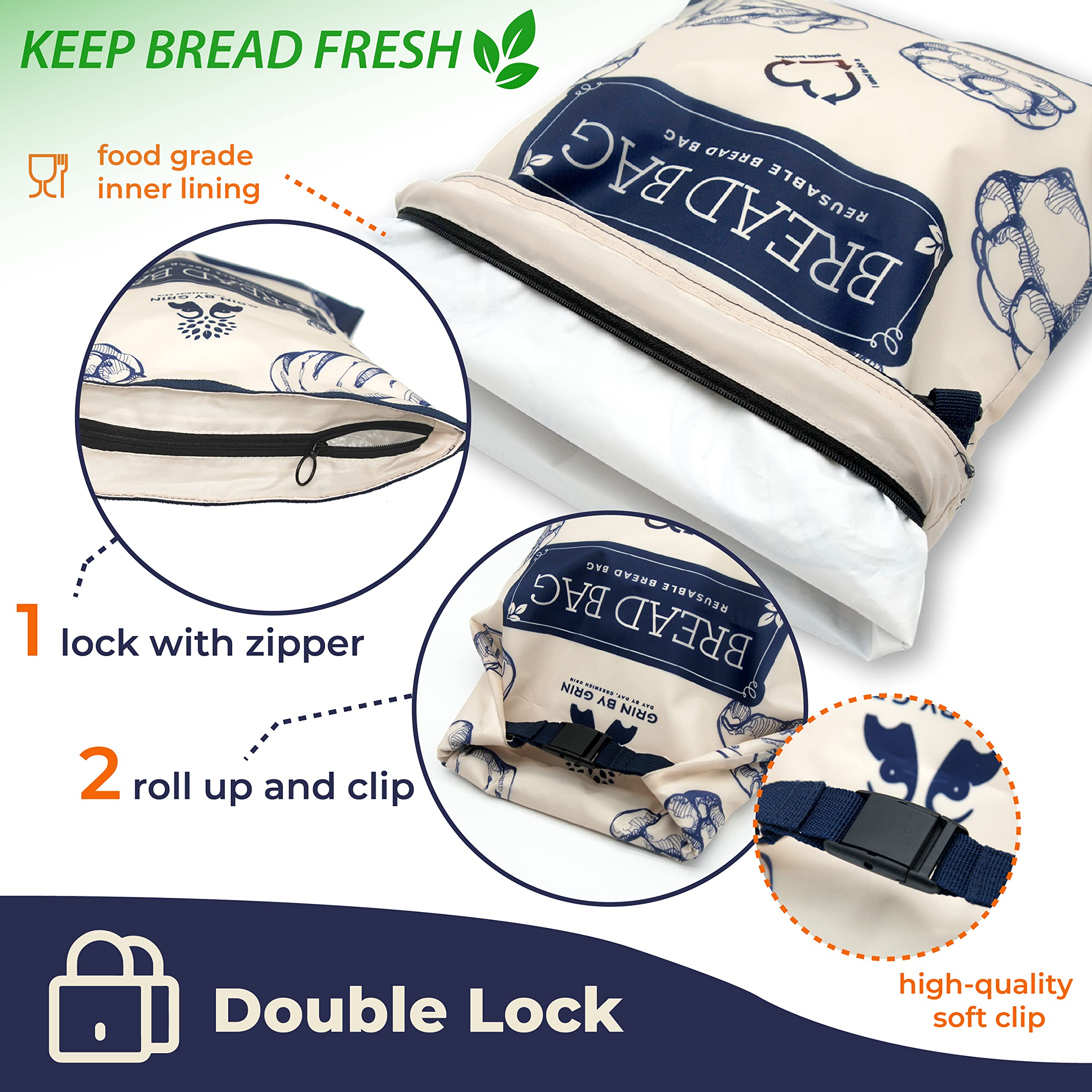 GRIN BY GRIN double-lock zipper and buckle keep bread fresher.