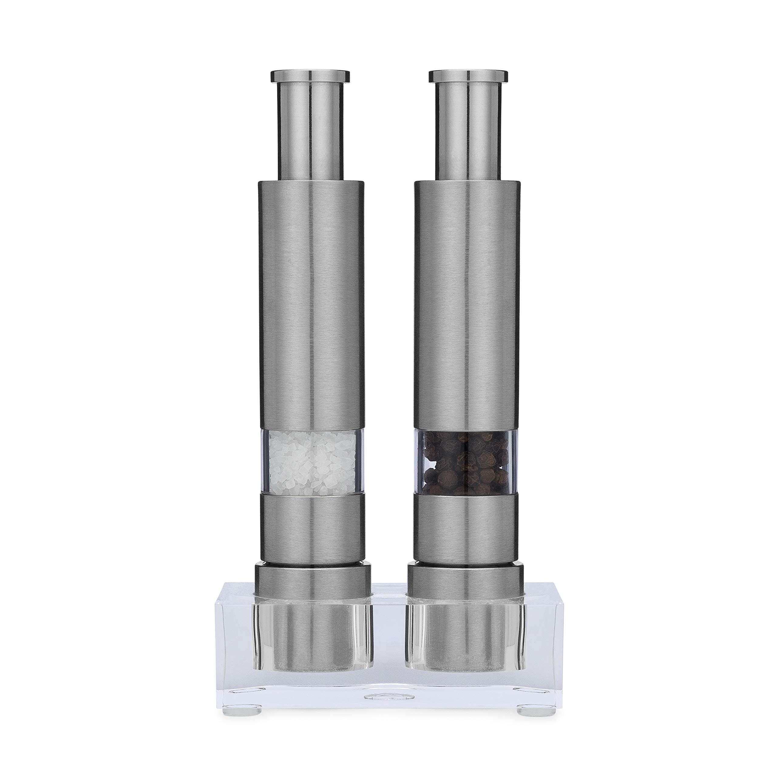 Grind Gourmet pump-grind-action demonstrates one-handed seasoning with a durable stainless steel core.