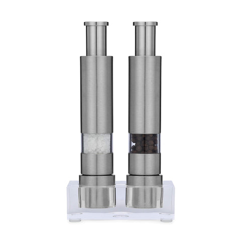 Grind Gourmet pump-grind-action demonstrates one-handed seasoning with a durable stainless steel core.