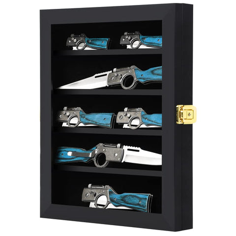 Grintus pocket knife display front view with wood frame and UV-protected acrylic