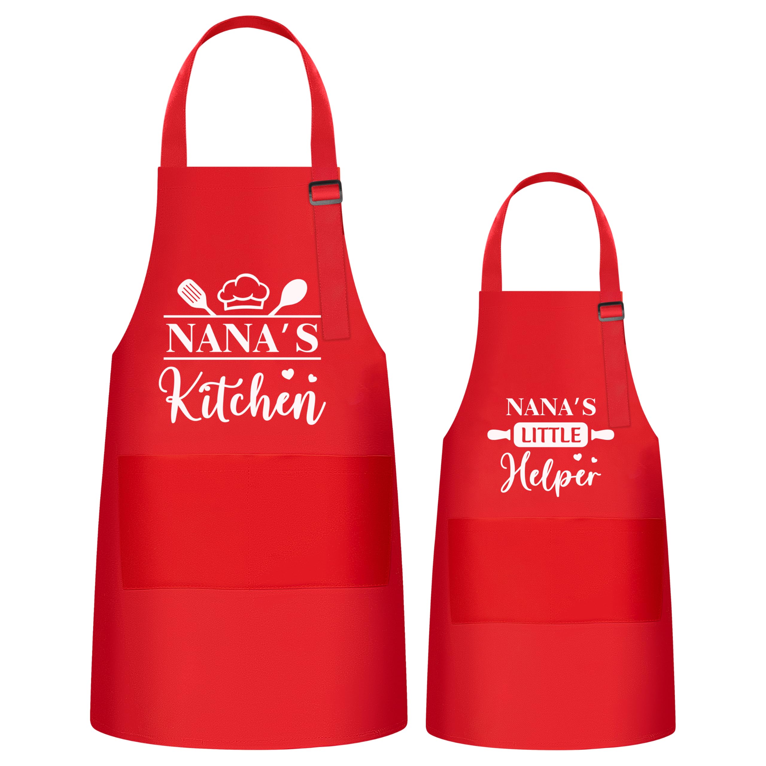 GROBRO7 Nana's Kitchen pattern red apron set for kids and adults, inspires creative cooking sessions.