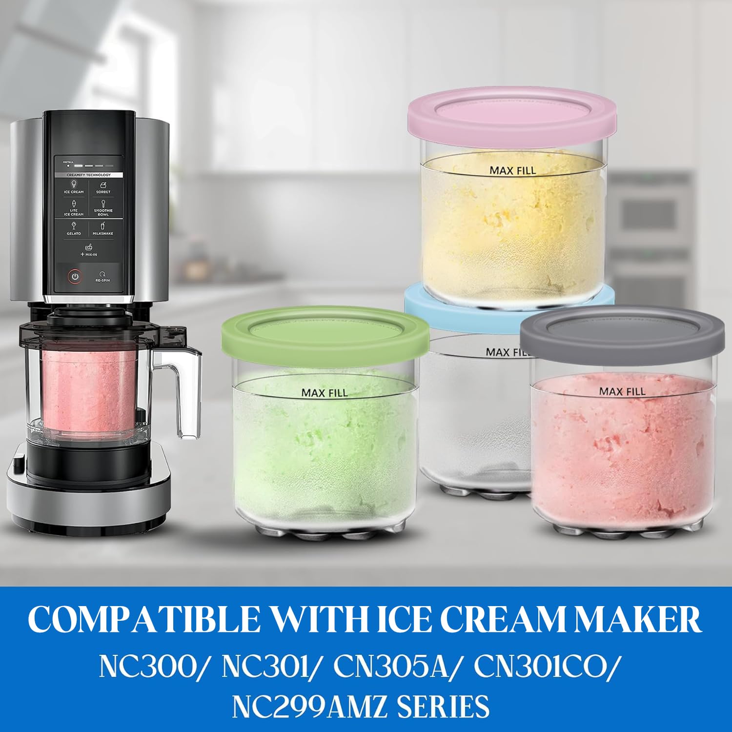 Gropecan Creami pints for Ninja NC300s stacked for compact storage