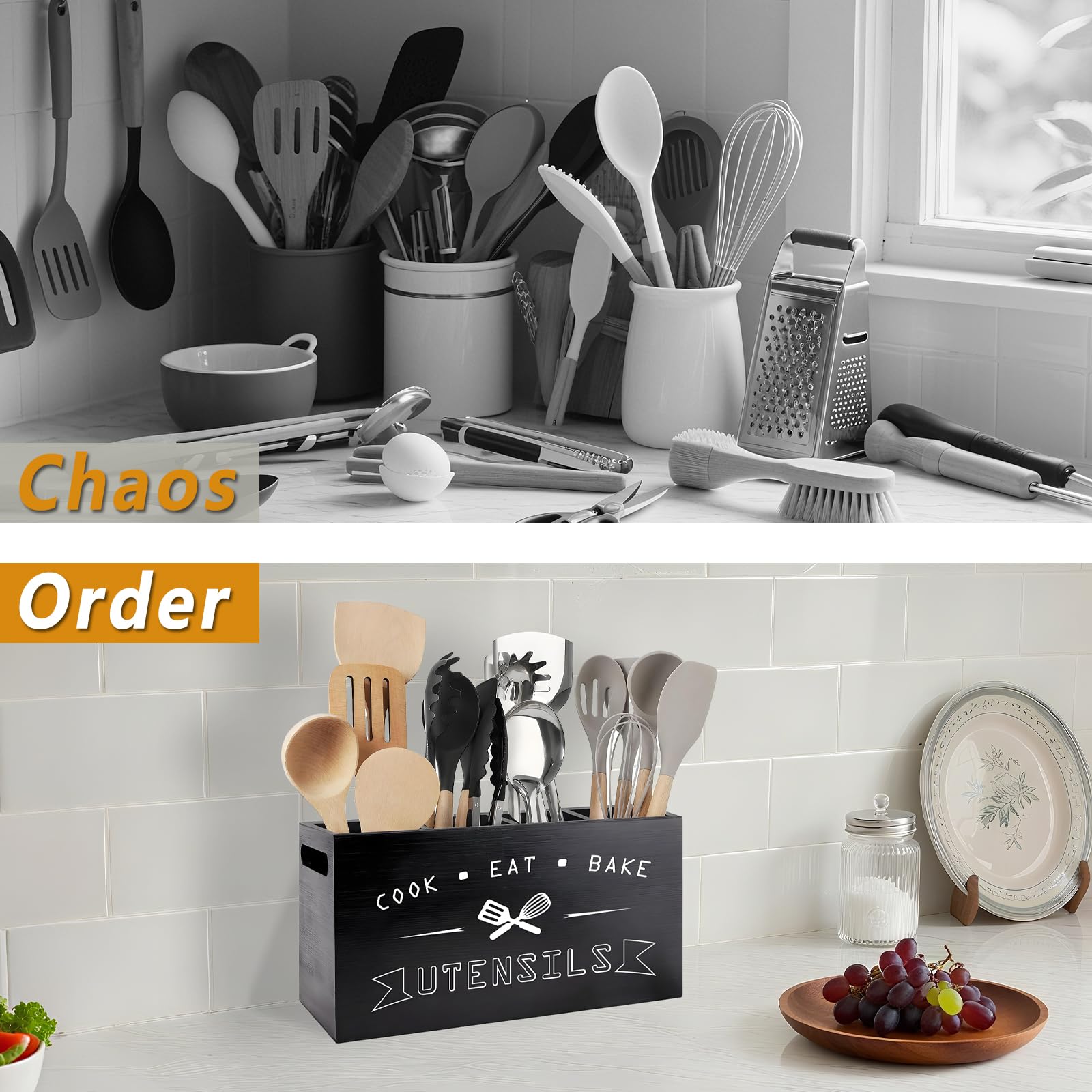 Dedicated spoon and spatula spaces keep kitchen tools organized and within reach