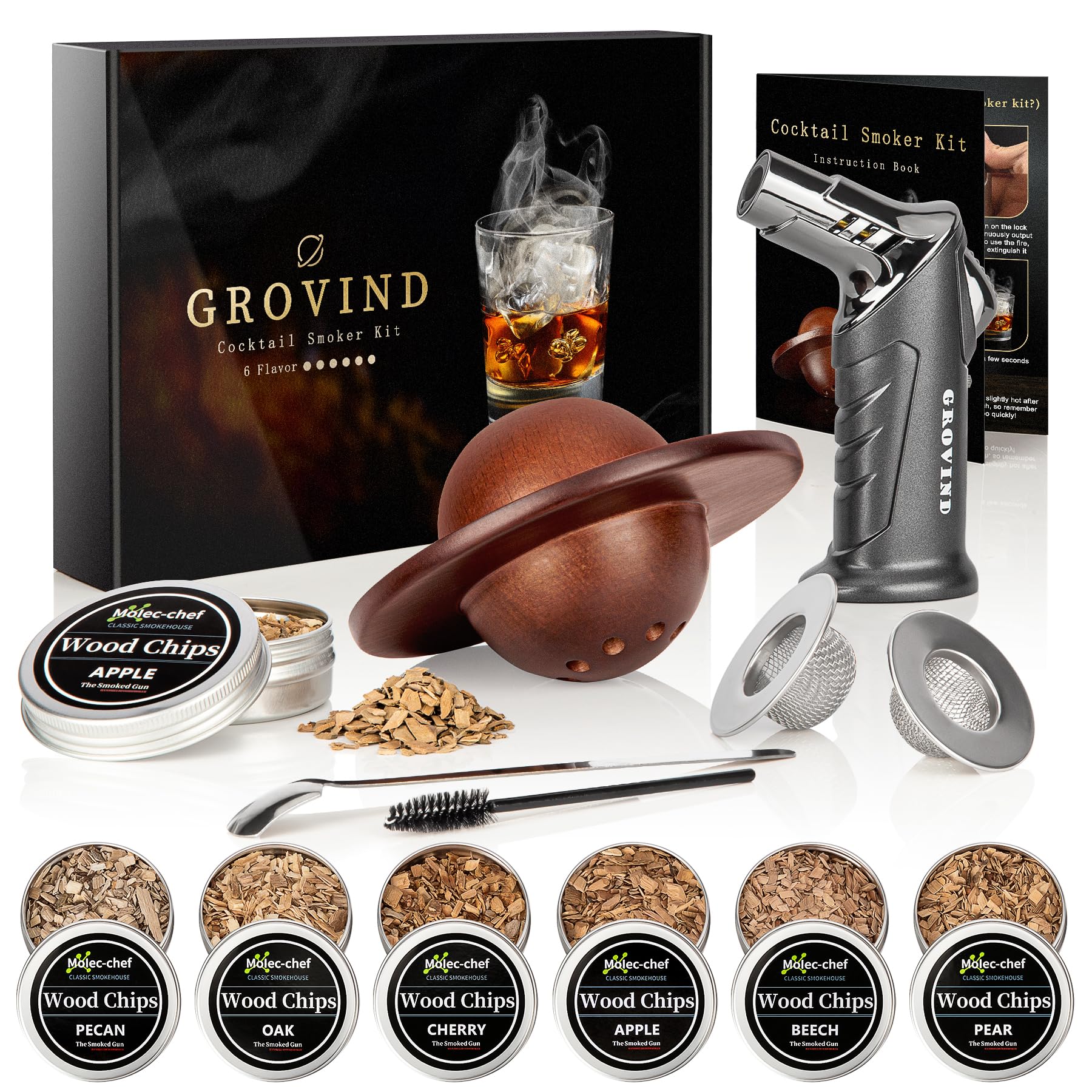 Grovind whiskey smoker kit assembly showing components for flavorful smoked cocktails.